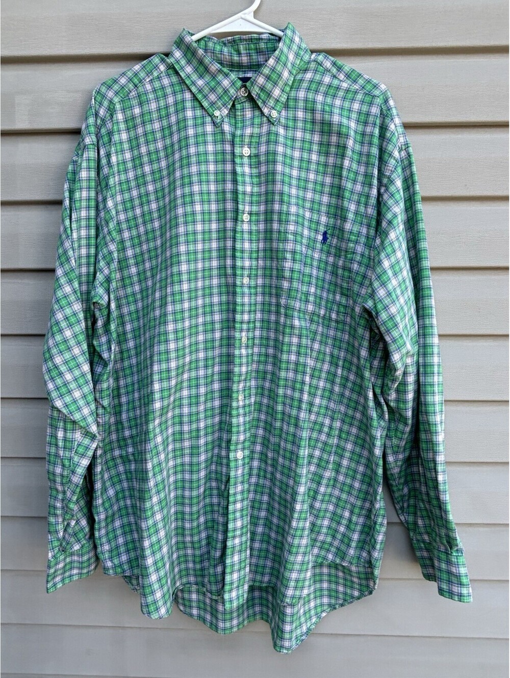 Ralph Lauren Button Down Dress Shirt Mens XL Green Navy Plaid Long Sleeve Polo